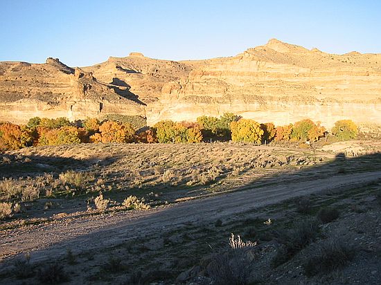 1 of 10 pictures that make panoramic image of White River canyon south of Bonanza, UT.