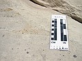 A very revealing image.  The horizontal cross beds coming in from the left of the picture are truncated by the diagonal cross bed coming from top left and proceeding to bottom right.  The sand dunes shifted dramatically, thus truncating the previous layers.  Right at the contact point, you can see "lag sand" (tiny pebbles) which are transported and broken apart in high winds in the dune environment.  These are precisely the winds that cause the shift in the dunes.