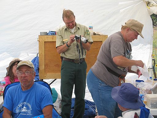 Meal tent. Right to left: Virginia Tidwell (behind Mike), Mike DeLong, Bruce Schumacher (paleontologist, U.S. Forest Service), Shirley Alvarez