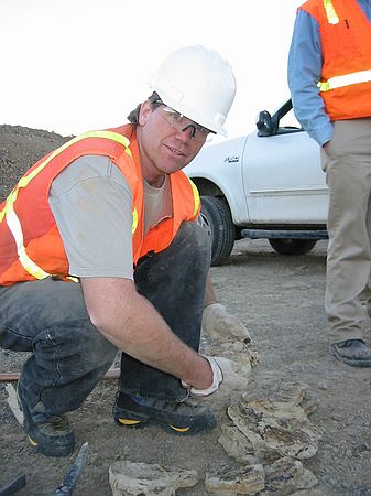Tom Nelson (DMNS volunteer) collecting fossils to wrap.